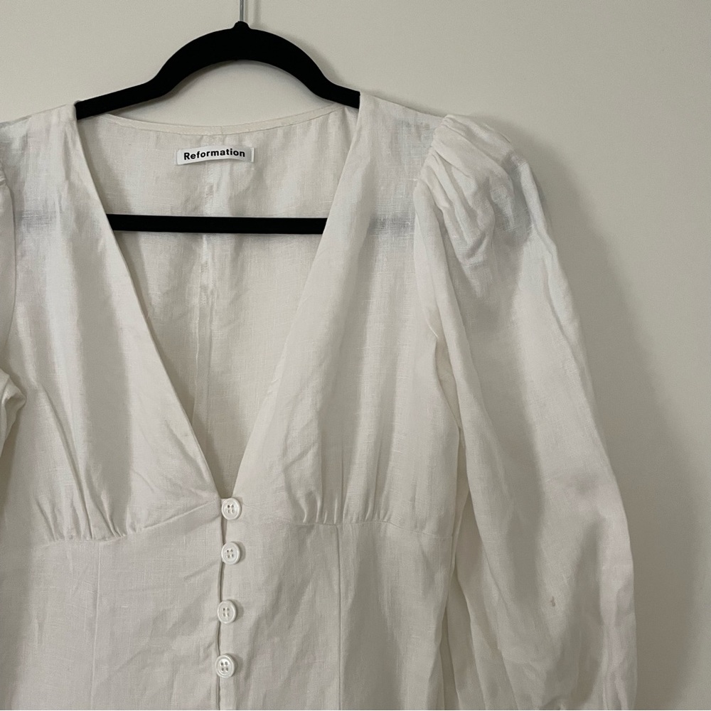 Reformation - Puff sleeve white linen dress